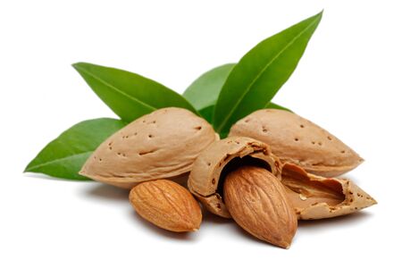 Almonds and green leaves isolated on white backgroundの写真素材