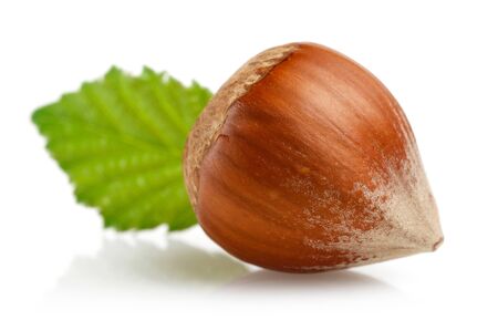 Hazelnut with green leaf isolated on white backgroundの写真素材
