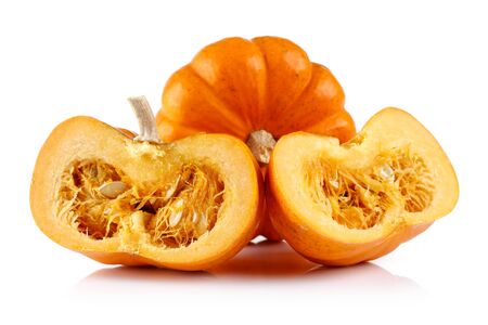 Half and whole mini pumpkin isolated on white backgroundの写真素材