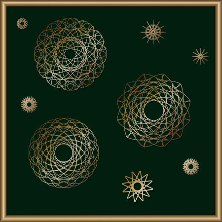 Gold frame and set of gold ornaments on a dark green background. Gold texture. Bronze texture. Templates. Vector illustration.のイラスト素材