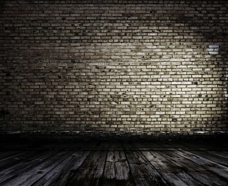 Empty Old Brick Wall Texture with wooden floor, Grungy wooden floor and old brick wall texture grunge background, Abstract Web Banner. Copy Space.の写真素材