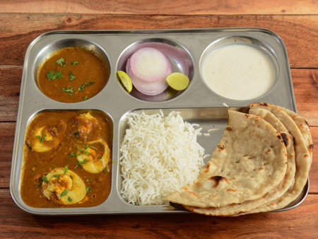 Egg Thali from an indian cuisine, food platter consists Boiled egg curry, lentils,rice, curd and onions. selective focusの写真素材