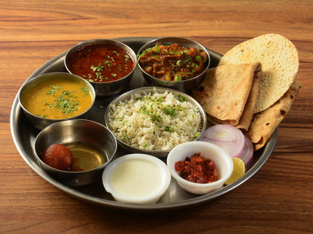 Maharashtraian Veg Thali from an indian cuisine, food platter consists variety of veggies, lentils, jeera rice, roti, sweet dish, curd, pickle etc., selective focusの写真素材