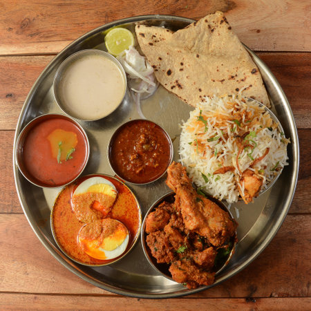 Chicken Thali from an indian cuisine, food platter consists Chicken fry,Boiled egg curry, lentils, chicken biryani,roti and onions. selectiveの写真素材