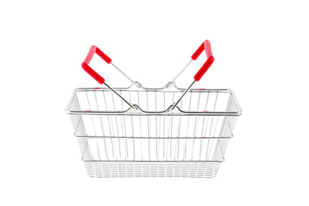 Close up of mini metal red shopping hand basket isolated on white backgroundの写真素材