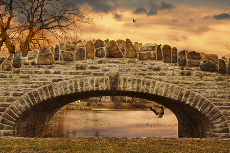 Dreamy View of The Lake Water and The Stone Bridge and The Birds aroundの写真素材