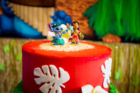 New York, USA - June 25, 2021: Close-up shot of a birthday cake with Lilo and Stitch Theme.のeditorial素材