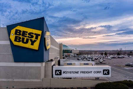 Syracuse, New York - Mar 09, 2020: Closeup View of BestBuy Logo Sign at Destiny USA Mall.のeditorial素材