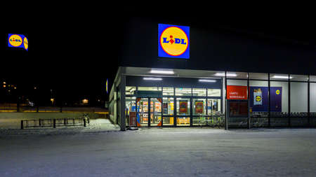 Turku, Finland - December 24, 2021: Horizontal 16:9 Night View of Lidl Grocery Store.のeditorial素材