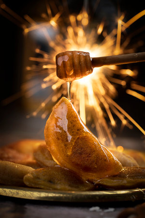 Ramadan Qatayef meal with fireworksの写真素材