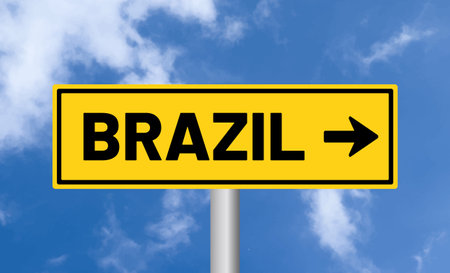 Brazil road sign on cloudy sky backgroundの写真素材