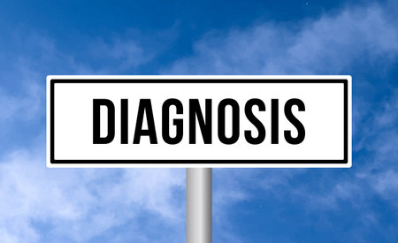 Diagnosis road sign on sky backgroundの写真素材