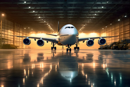Big passenger aircraft on maintenance in airport hangarの素材