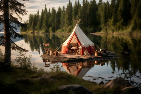 Camping on the shore of a lake with a tentの素材