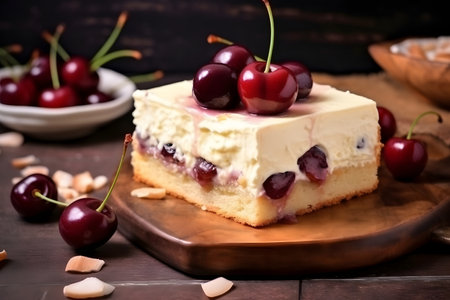 Cheesecake with cherries on a wooden backgroundの素材