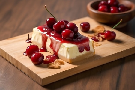 Cake with white chocolate and cherry on a wooden board on a white tableの素材