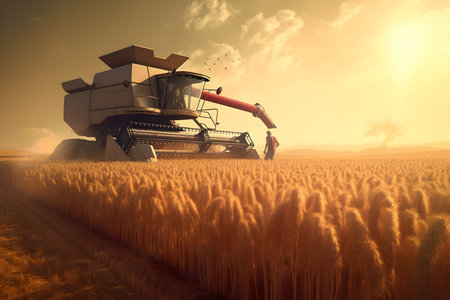 Combine harvester working on wheat field at sunsetの素材