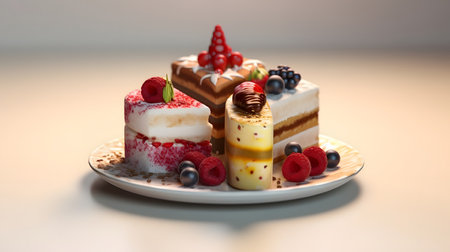 Variety of colorful cakes on a white plate on a wooden tableの素材