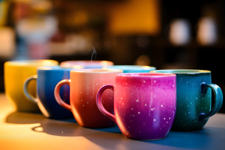 Colorful coffee mugs on the tableの素材