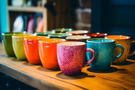 Colorful ceramic cups on wooden tableの素材