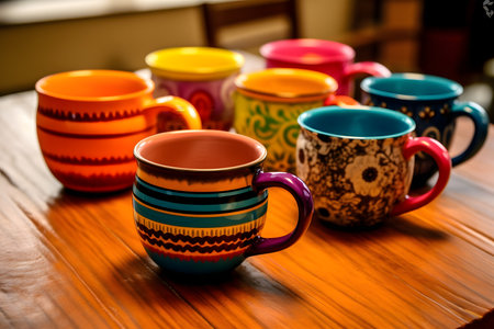 Colorful ceramic coffee cups on wooden tableの素材