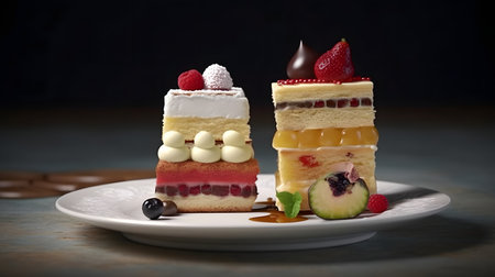 Variety of colorful cakes on a white plateの素材