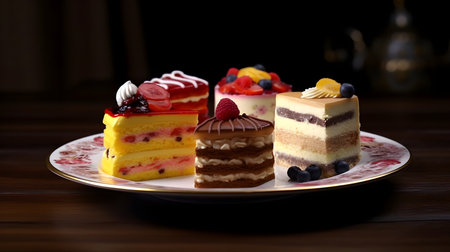 Variety of colorful cakes on a white plateの素材