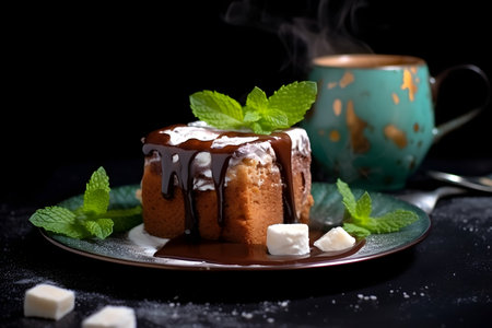 Delicious fresh fondant with hot chocolate and mint on black tableの素材