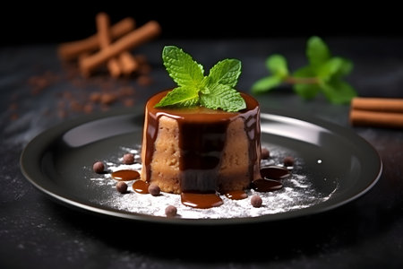 Panna cotta with chocolate glaze and cinnamon on black backgroundの素材