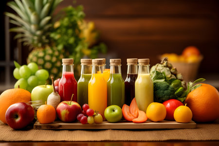 Bottles of fresh juice with fruits and vegetables on a wooden backgroundの素材