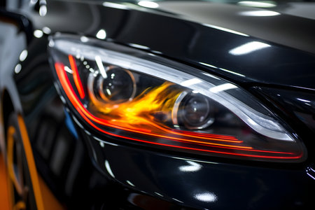 Close up of the headlight of a modern carの素材