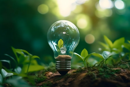 Light bulb with green sprout growing inside. Green energy conceptの素材