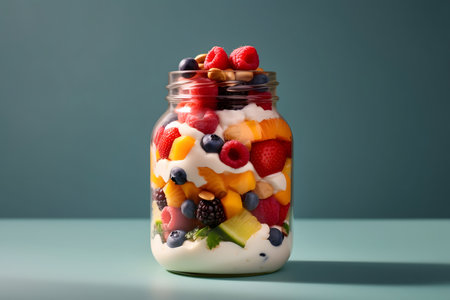 Healthy fruit salad in a glass jar on a blue backgroundの素材