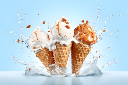 Ice cream in waffle cone with splashes of water on blue backgroundの素材