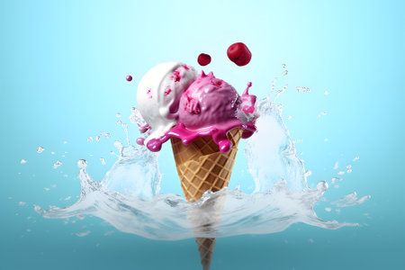 Ice cream in waffle cone with splashes and drops on blue backgroundの素材