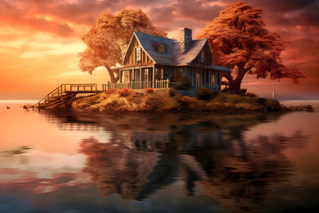 Beautiful wooden house on the lake at sunsetの素材
