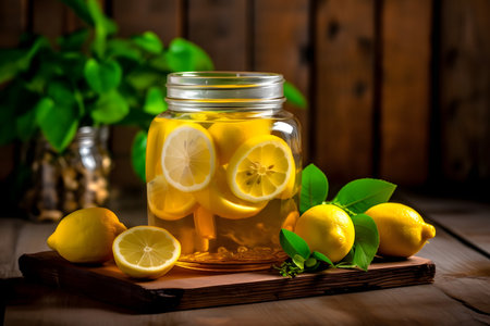 Lemonade with fresh lemons and mint on a wooden backgroundの素材