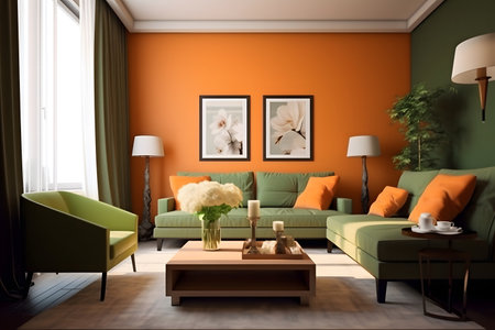 Modern living room with green sofa and orange wallの素材