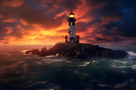Lighthouse in the sea at sunsetの素材