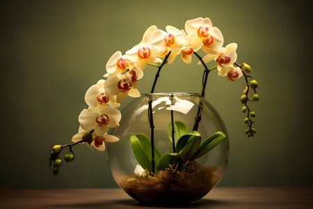 Beautiful orchid flower in a round vaseの素材