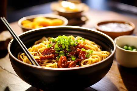 Noodles with beef and vegetables in Black bowlの素材