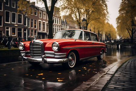 Vintage red car on the roadの素材