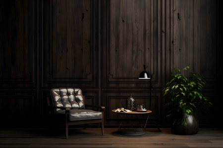 Interior of modern living room with dark wooden wallの素材
