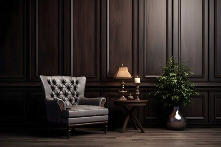 Interior of modern living room with dark wooden wallの素材