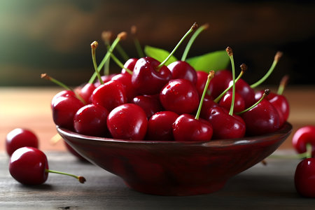 Fresh cherries in a bowl on a wooden backgroundの素材