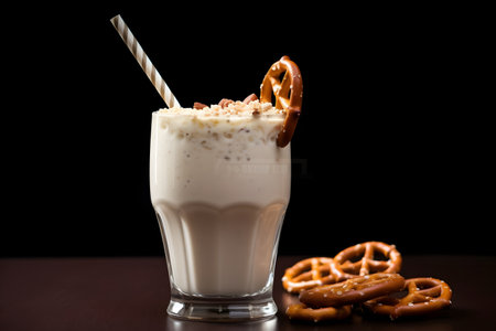 Milkshake with whipped cream and pretzels on a black backgroundの素材