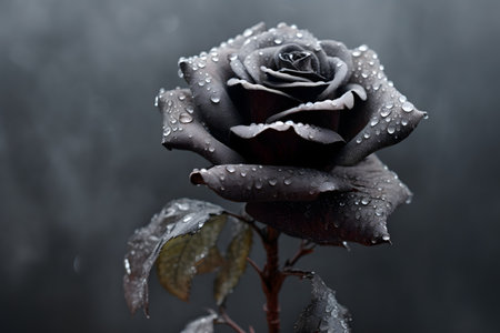 Black rose with water drops on a dark background close upの素材