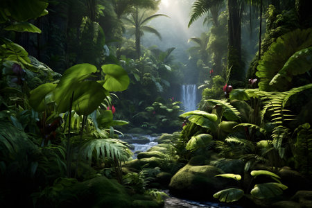 Tropical rainforest with sunbeams shining through the leavesの素材