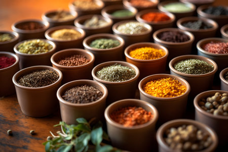 Spices and herbs on the tableの素材