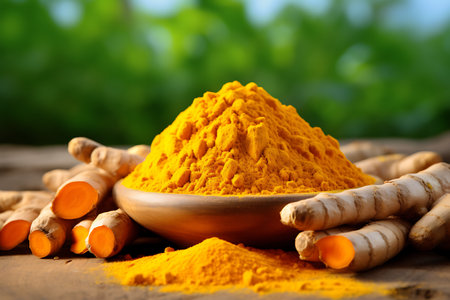 Turmeric powder in bowl on wooden tableの素材
